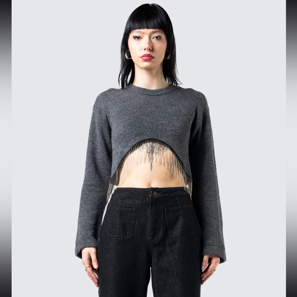 NWOT Finesse Josephine Grey Crystal Sweater Top